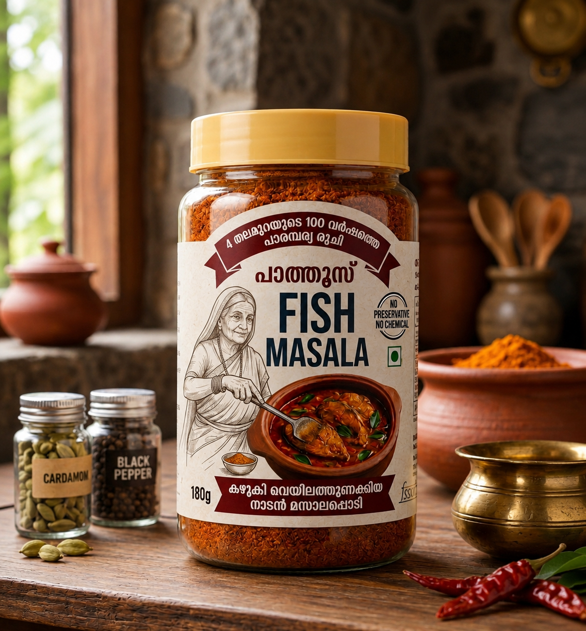 Pathoos Authentic Malabar Fish Masala 180g jar handcrafted washed sun-dried slow ground spice powder